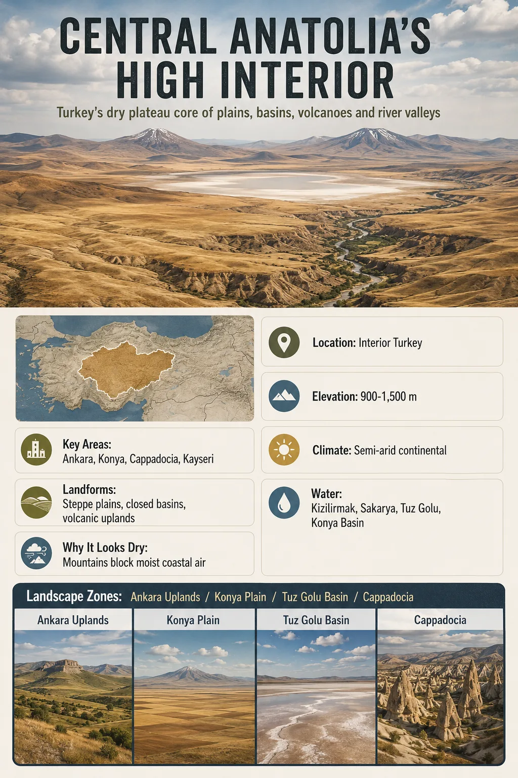 Central Anatolian Plateau's rugged terrain, dry climate, and high elevation create a unique landscape in Turkey's heartland.