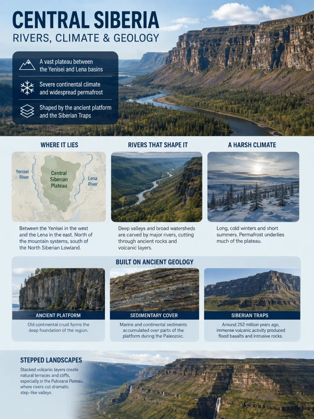Central Siberian Plateau features prominent rivers, diverse geology, and a cold climate unique to this expansive Siberian region.