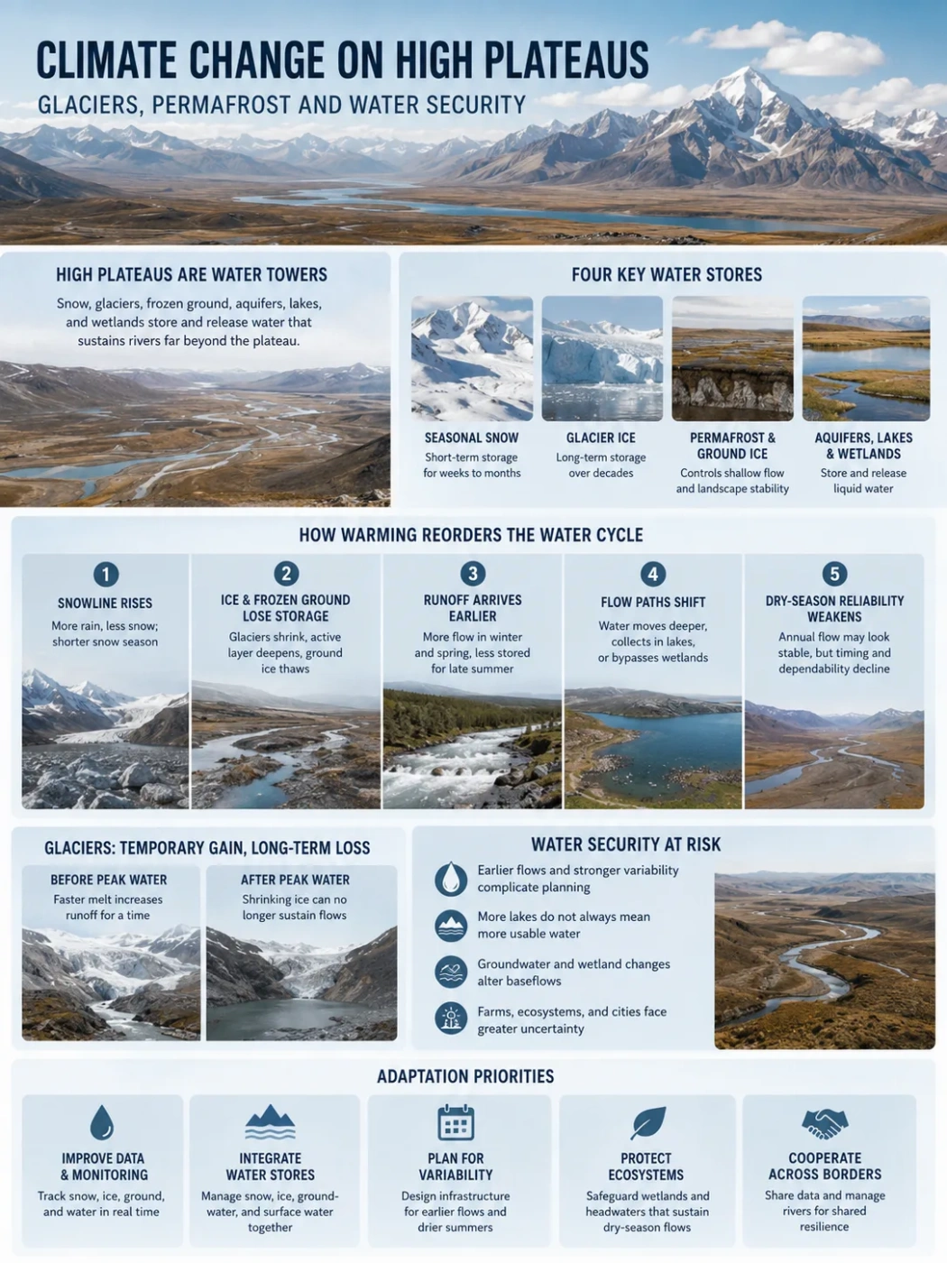 Climate change on high plateaus causes glacier retreat, permafrost melting, and water security challenges in mountain regions.