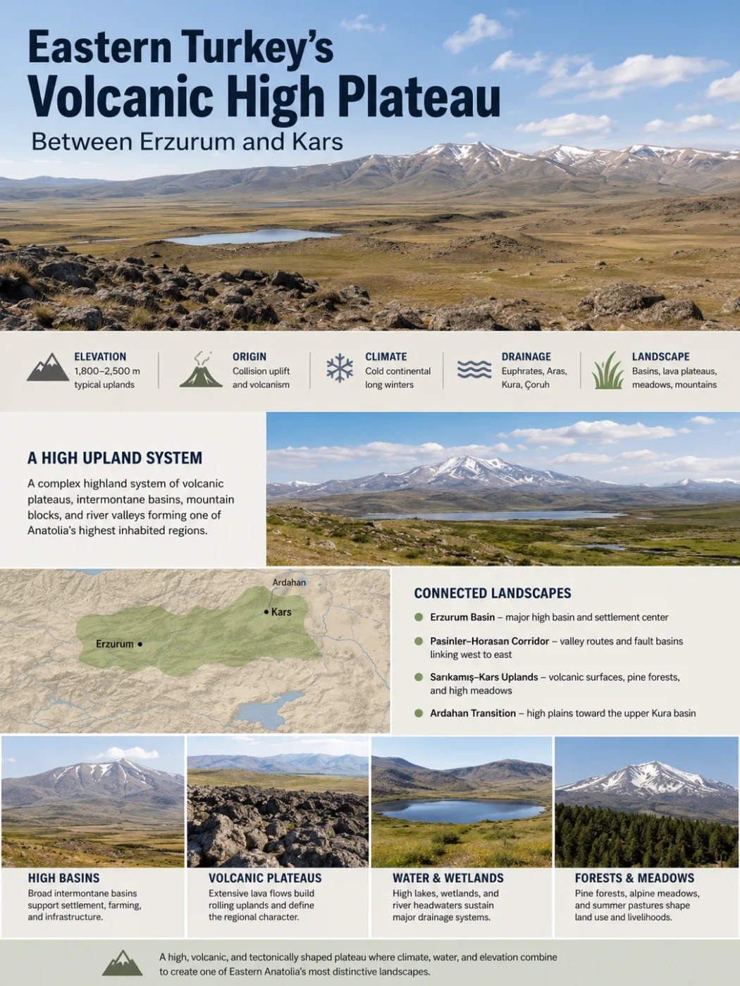 The Erzurum-Kars Plateau showcases the high uplands of eastern Turkey, featuring expansive landscapes and unique geographic features.