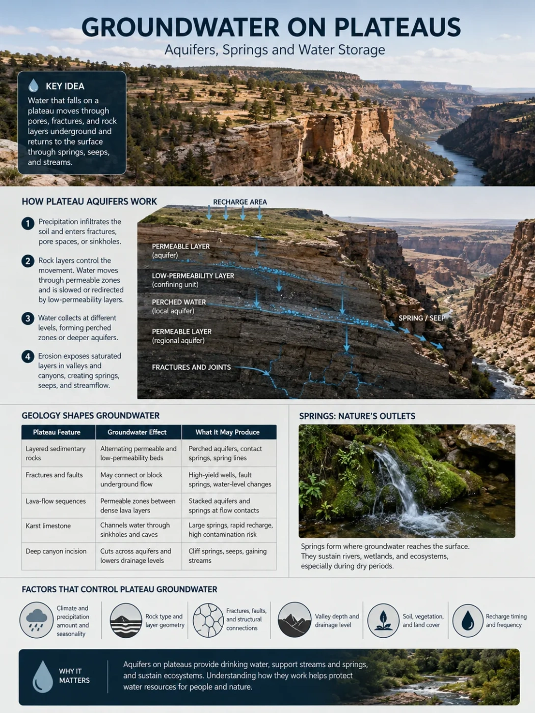 Groundwater on plateaus shown through aquifers, springs, and water storage methods in a mountainous landscape.