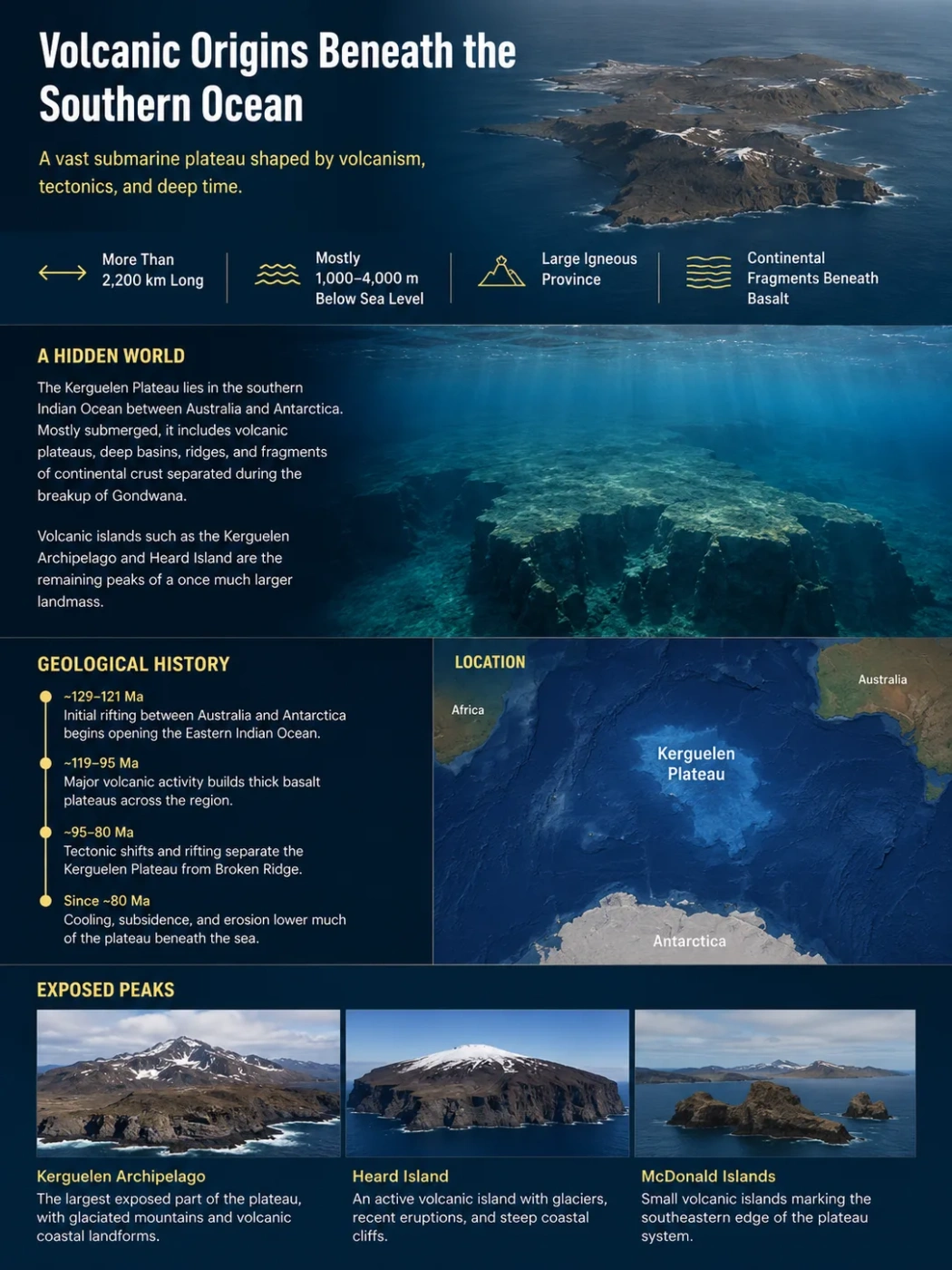 A detailed map and images showcasing the volcanic features, submerged landscapes, and geological history of the Kerguelen Plateau in the southern Indian Ocean.