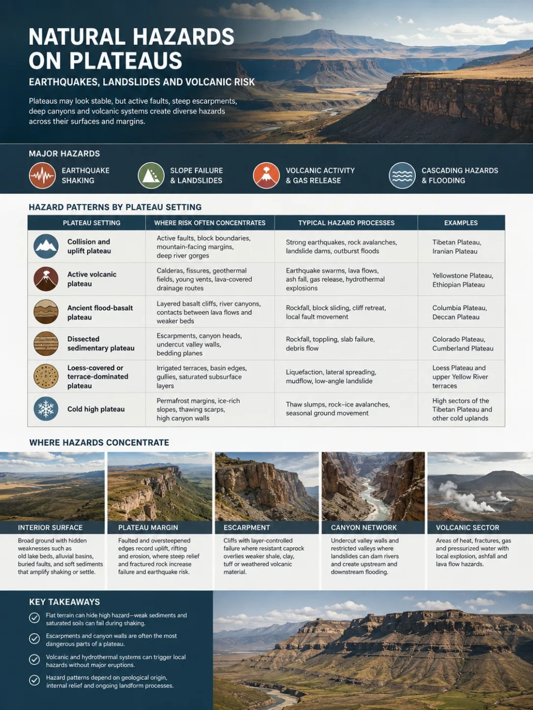 Natural hazards on plateaus, including earthquakes, landslides, and volcanic risks, pose significant threats to communities and landscapes in these regions.