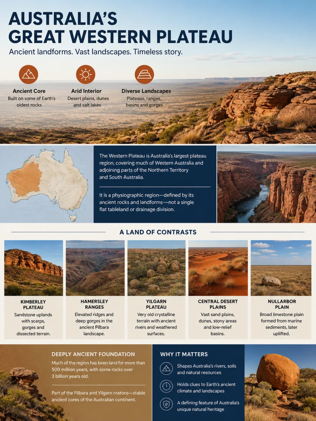 Western Plateau in Australia features vast desert landscapes, rugged terrains, and unique geological formations across the country's largest plateau region.