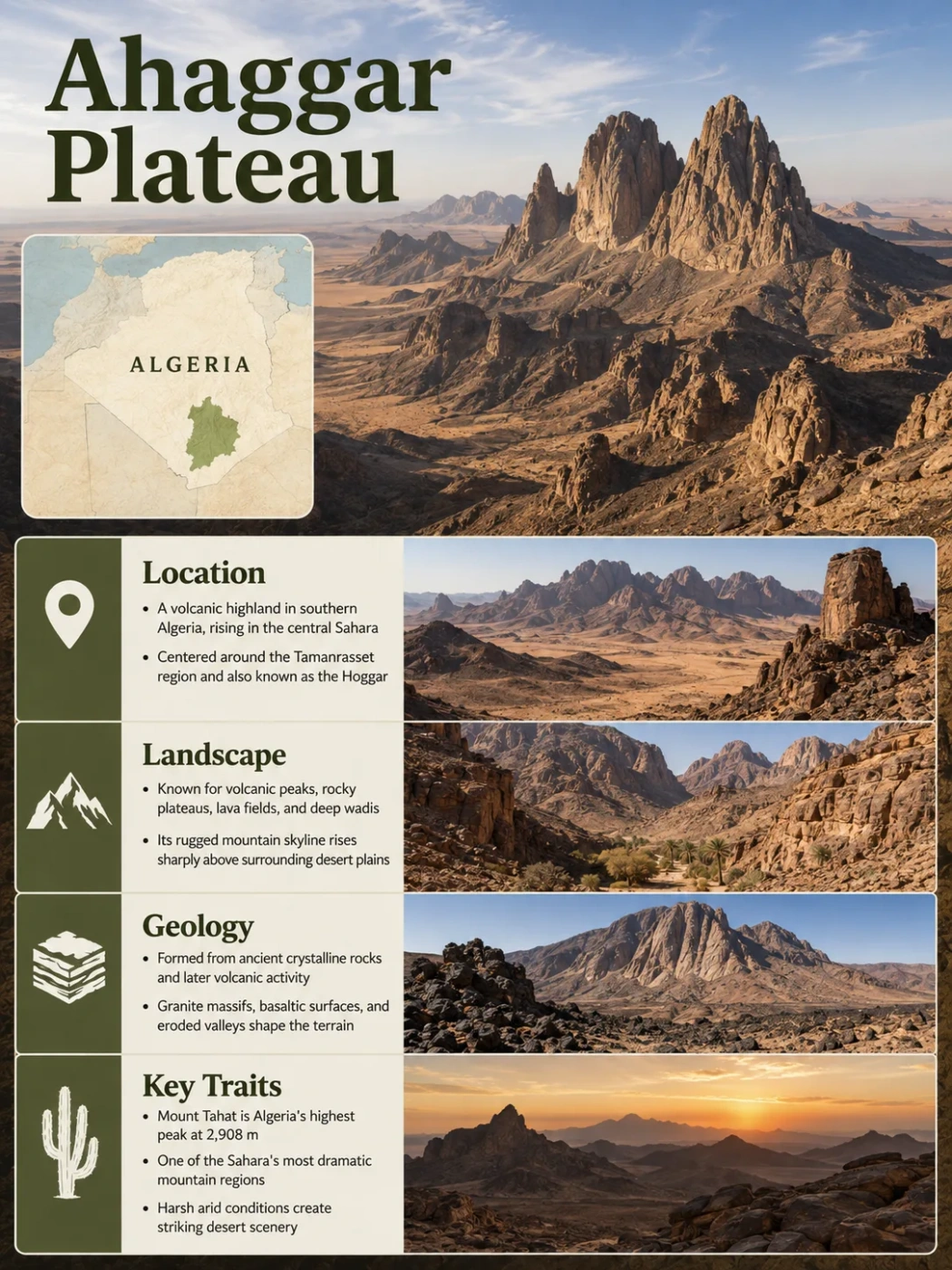 A stunning view of the Ahaggar Plateau in Algeria, showcasing rugged mountains, rocky terrain, and captivating natural scenery of this mountain region.