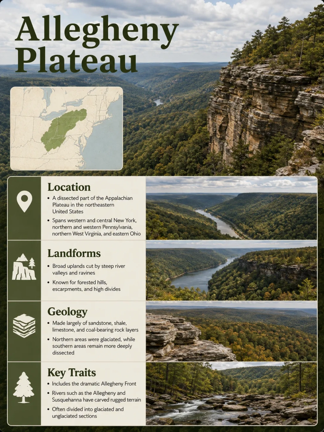 Allegheny Plateau showcases rugged landforms and scenic valleys, highlighting the natural beauty and topographical features of this Appalachian region.