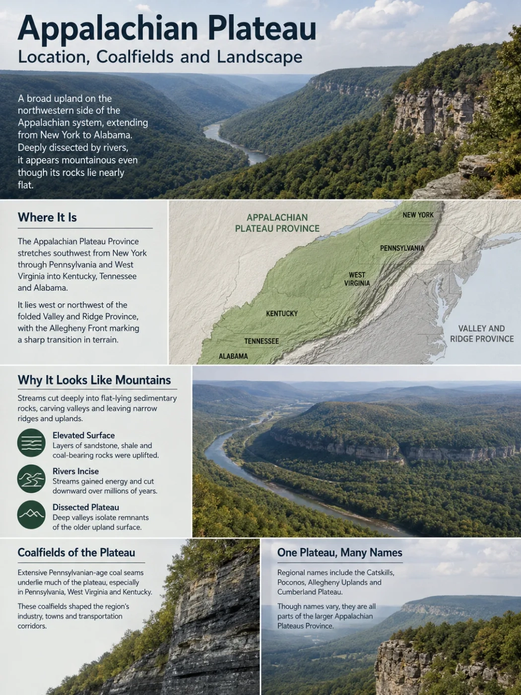 Appalachian Plateau landscape showing coalfields, mountain terrain, and green valleys in a scenic view.