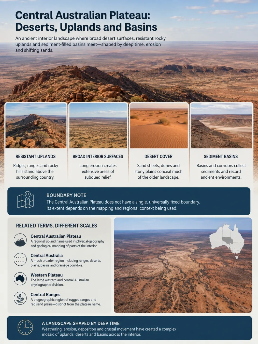 Central Australian Plateau features expansive deserts, rugged uplands, and vast basins, showcasing the diverse landscape of the central australian plateau.