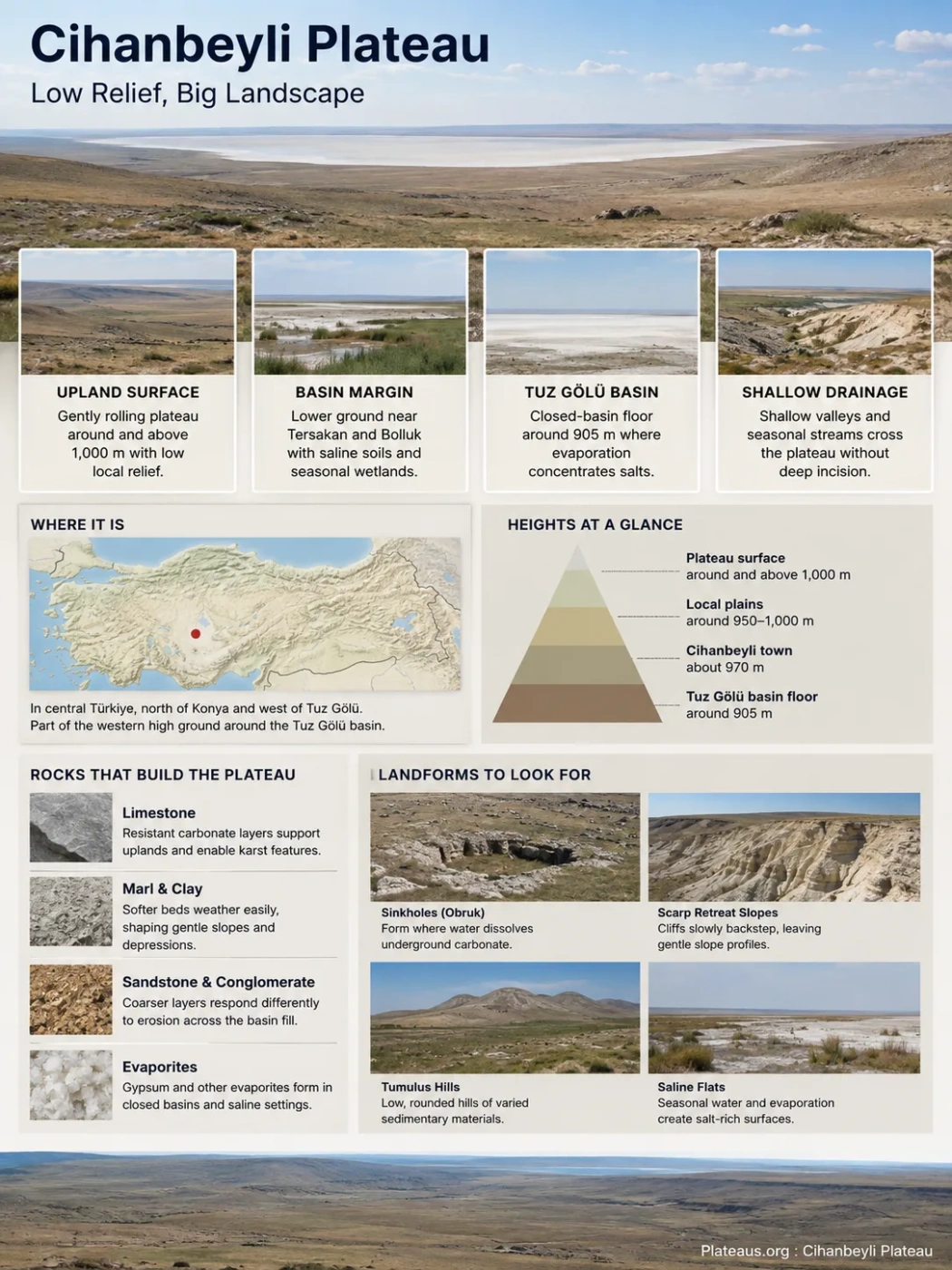 Cihanbeyli plateau features expansive steppe landscapes, salt basins, and diverse terrain typical of Central Anatolia's unique geological formations.