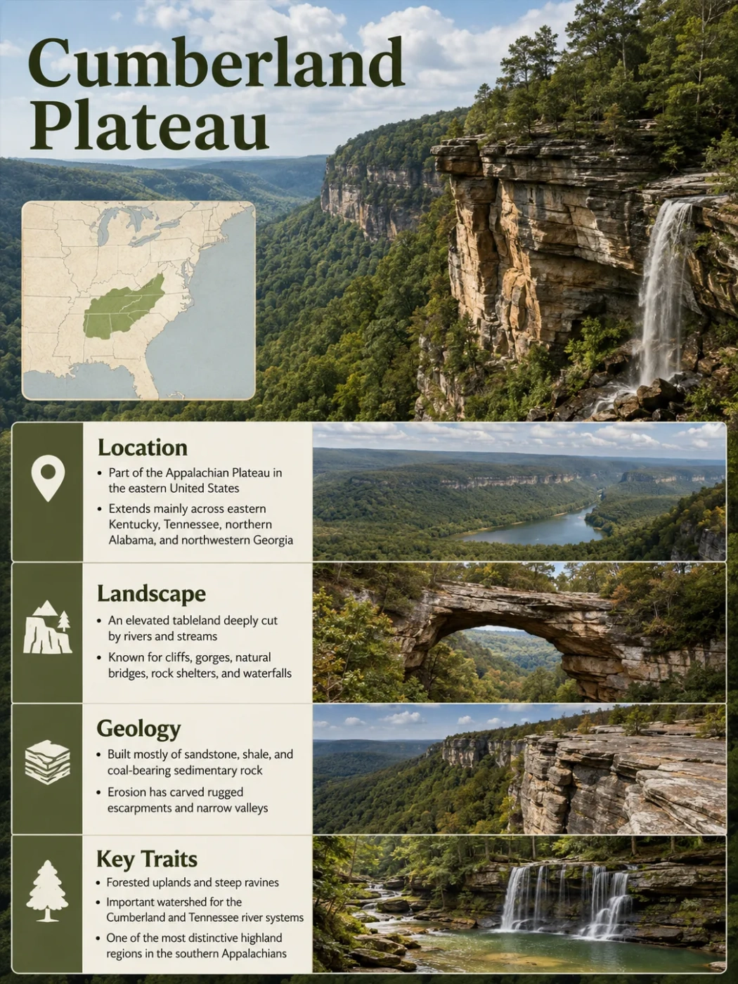 Cumberland Plateau showcases scenic waterfalls, lush landscapes, and rugged terrain, making it a stunning natural destination in the Appalachian region.