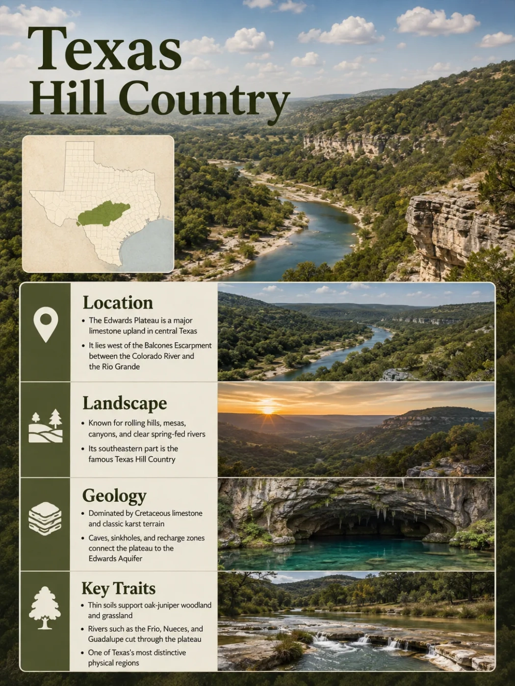 Edwards Plateau in Texas Hill Country features scenic lakes, rugged landscapes, and unique geology, making it a popular destination for outdoor activities and nature lovers.