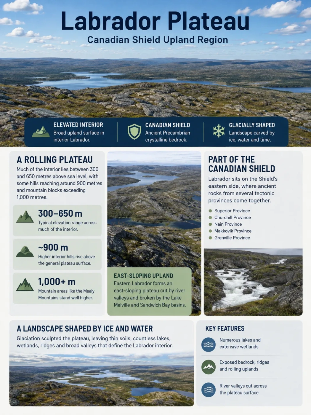 Labrador Plateau in the Canadian Shield upland region features rugged terrain, forested areas, and glacial landforms typical of the Labrador landscape.