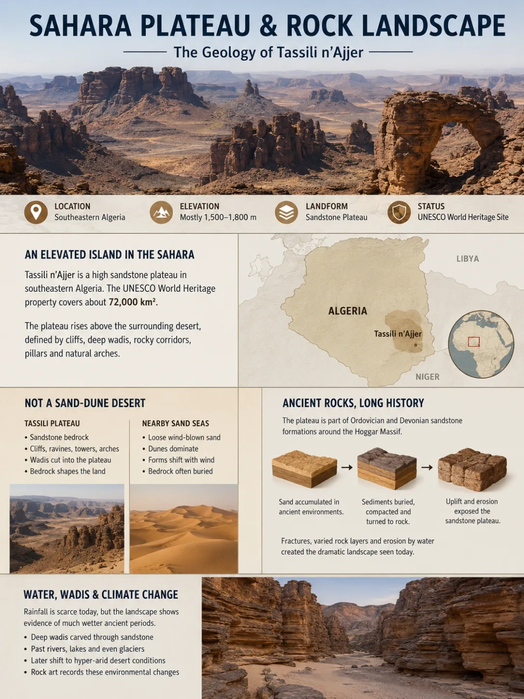 Tassili n'Ajjer features stunning rock formations and a vast Sahara Plateau that showcase the region's unique desert landscape.
