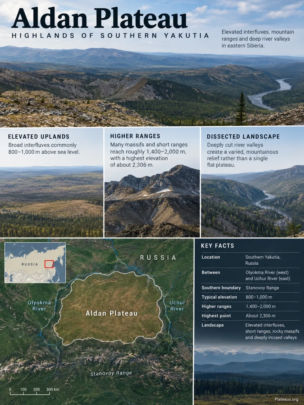 Alden Plateau showcasing ancient crust, flowing rivers, and rugged highlands in Eastern Siberia, part of the region's unique geological landscape.