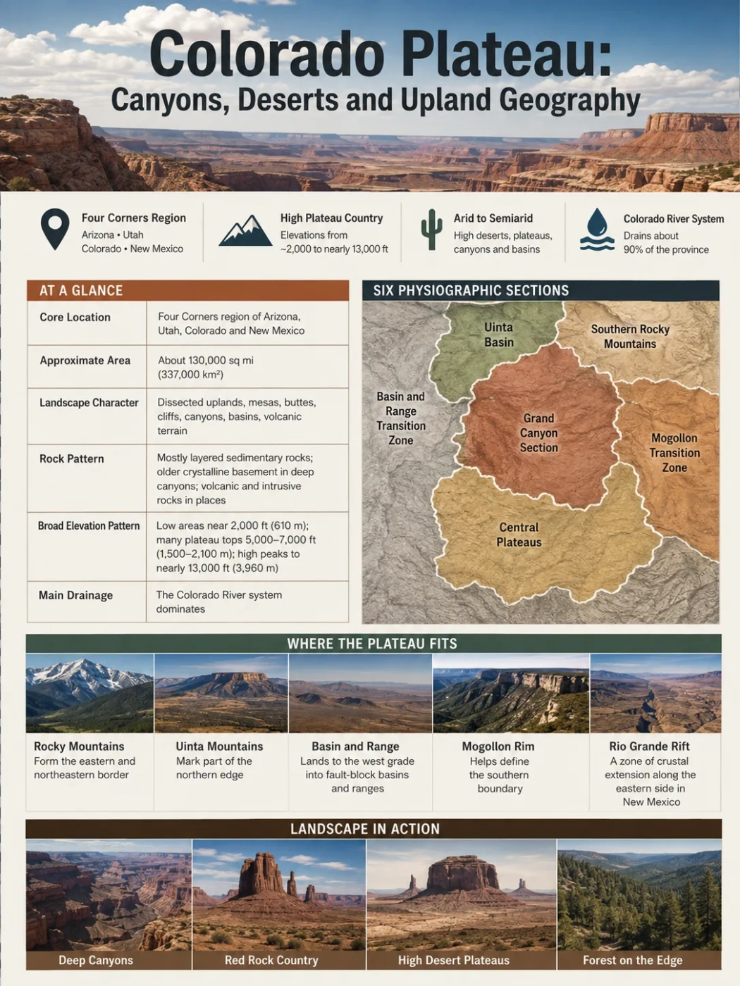 Colorado Plateau featuring canyons, deserts, and upland terrain in a stunning landscape illustration of the Colorado Plateau.