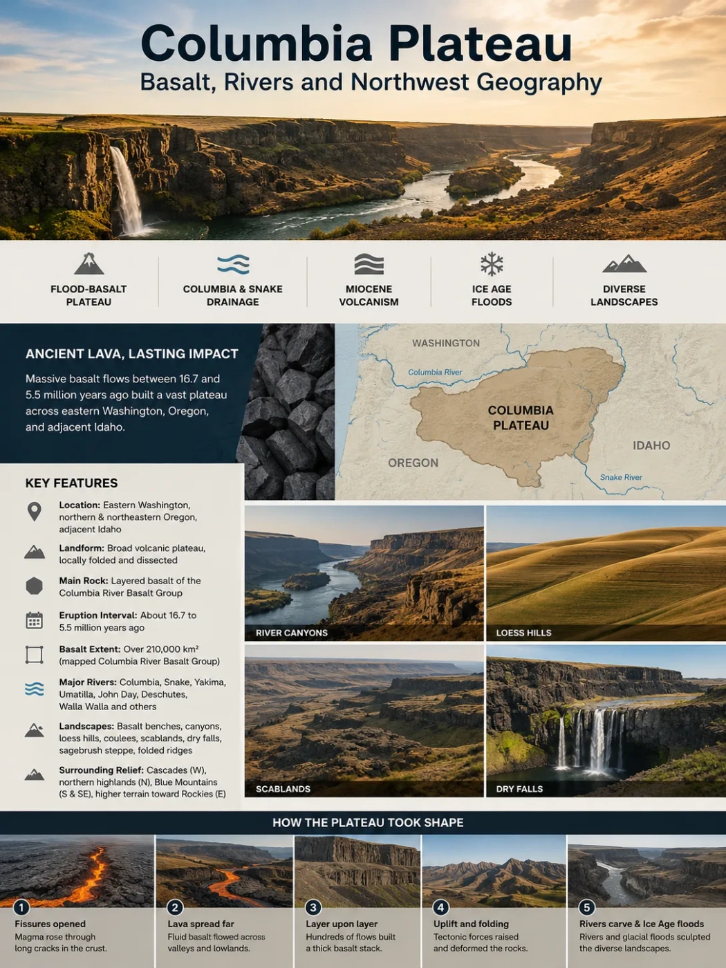 Columbia Plateau showcasing vast basalt formations, winding rivers, and the diverse northwest landscape.