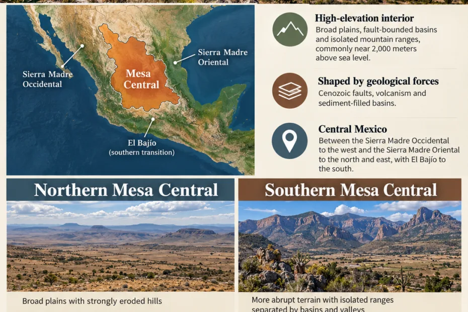 Mesa Central of Mexico features high basins and uplands shaping the landscape of Central Mexico.