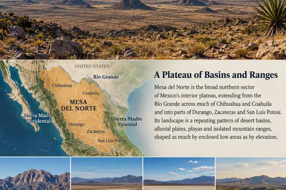 Mesa del Norte features desert basins and the northern Mexican plateau, offering dramatic landscapes and diverse geographic formations.