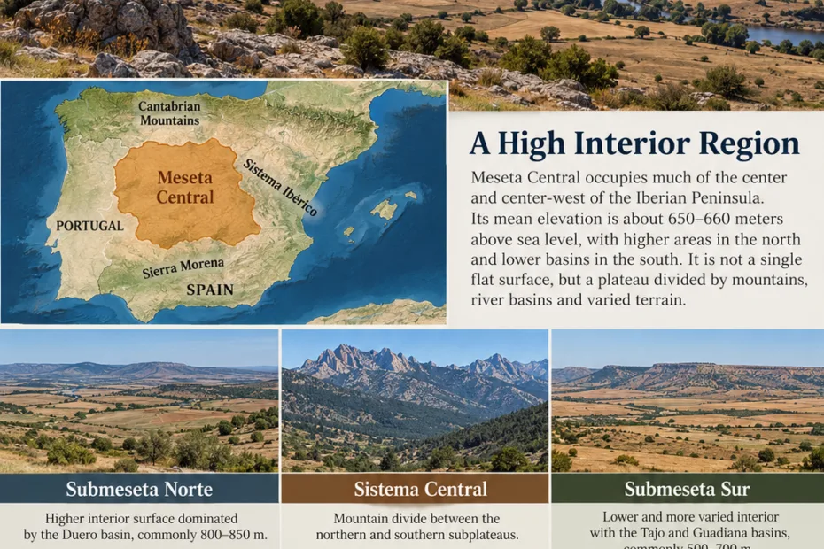 Meseta Central shows Spain's high interior plateau with expansive plains and mountain borders in this geographic illustration.