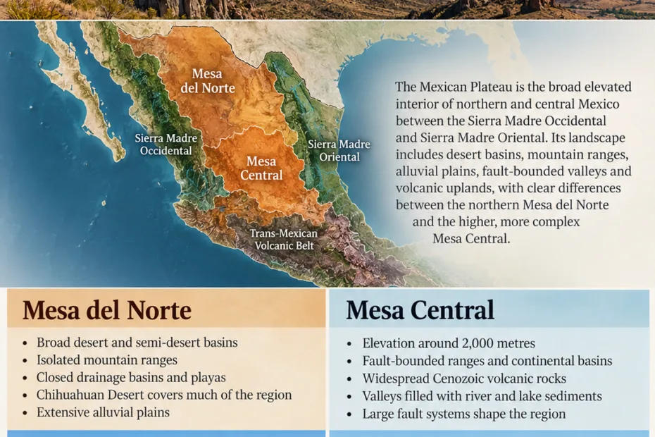 The Mexican Plateau features diverse elevations, basins, and geographic features central to Mexico's interior landscape.