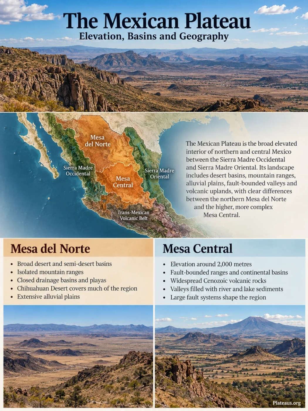The Mexican Plateau features diverse elevations, basins, and geographic features central to Mexico's interior landscape.