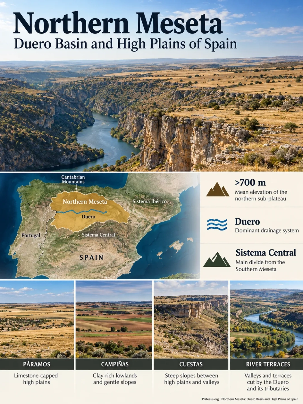 Northern Meseta's Duero Basin and High Plains of Spain showcase diverse landscapes and significant river systems shaping the region's geography.