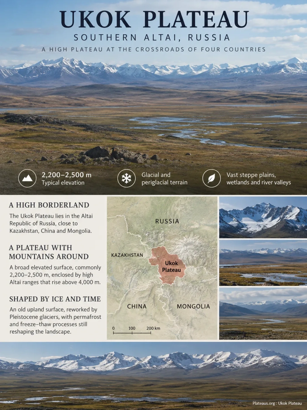 Ukok Plateau features vast high steppe, permanent permafrost, and rugged Altai mountain landscapes in a remote Siberian region.