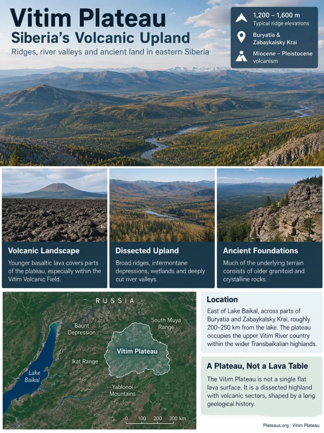Vitim Plateau showcases vast volcanic fields and lush uplands in eastern Siberia, offering stunning landscapes and geological features of this unique volcanic region.